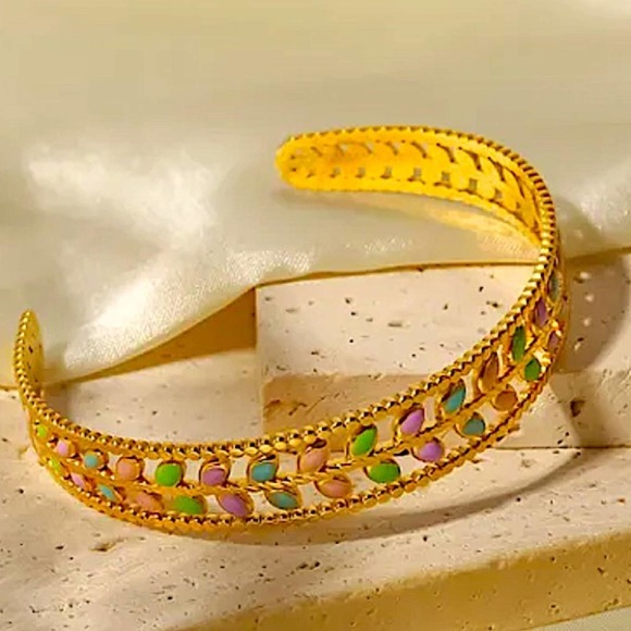 Gold Plated Leaf Design Multicolor Bangle Bracelet Ring Set - Picture 12 of 15
